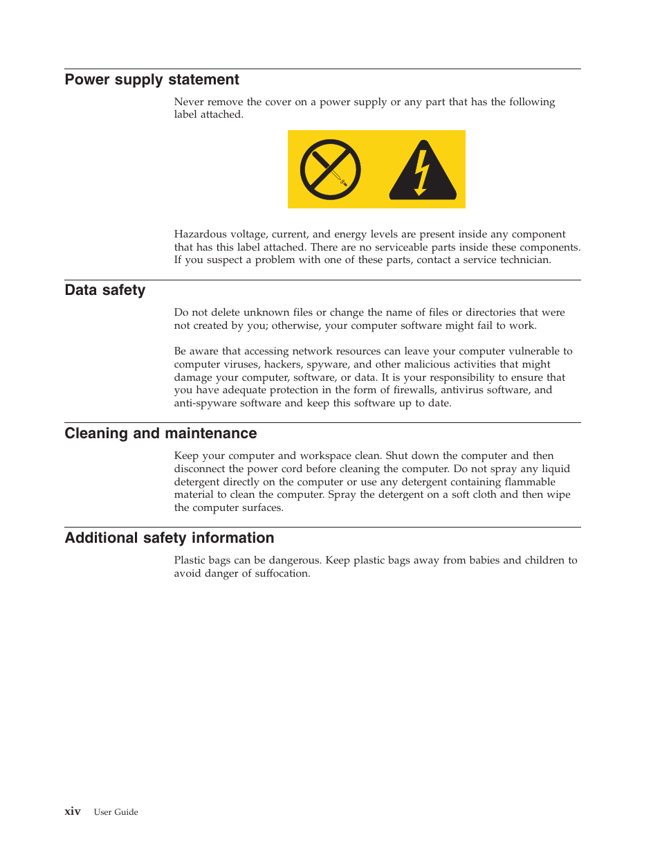 Power supply statement, Data safety, Cleaning and maintenance | Additional safety information, Power, Supply, Statement, Data, Safety, Cleaning | Lenovo 3000 J Series User Manual | Page 16 / 96