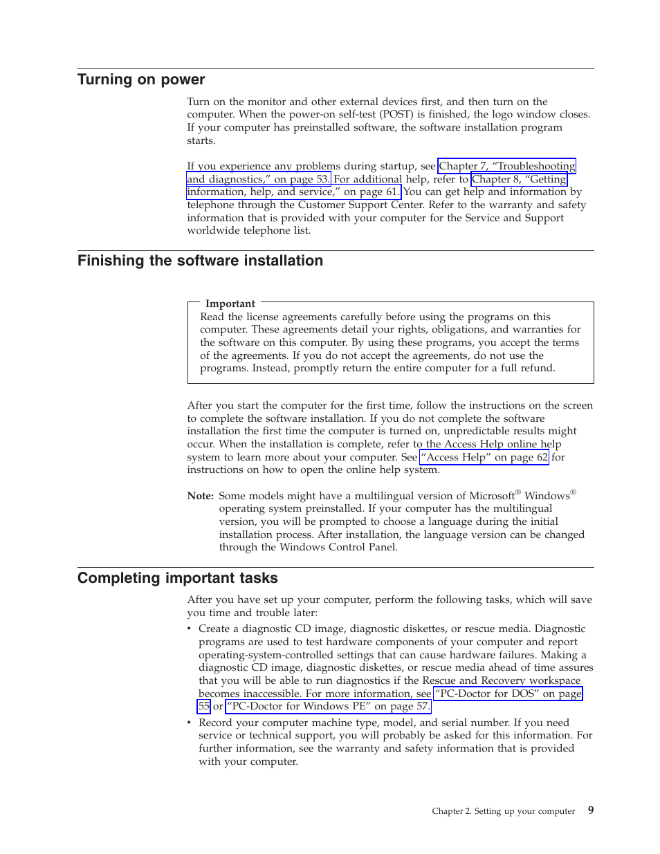 Turning on power, Finishing the software installation, Completing important tasks | Turning, Power, Finishing, Software, Installation, Completing, Important | Lenovo 3000 J Series User Manual | Page 27 / 96