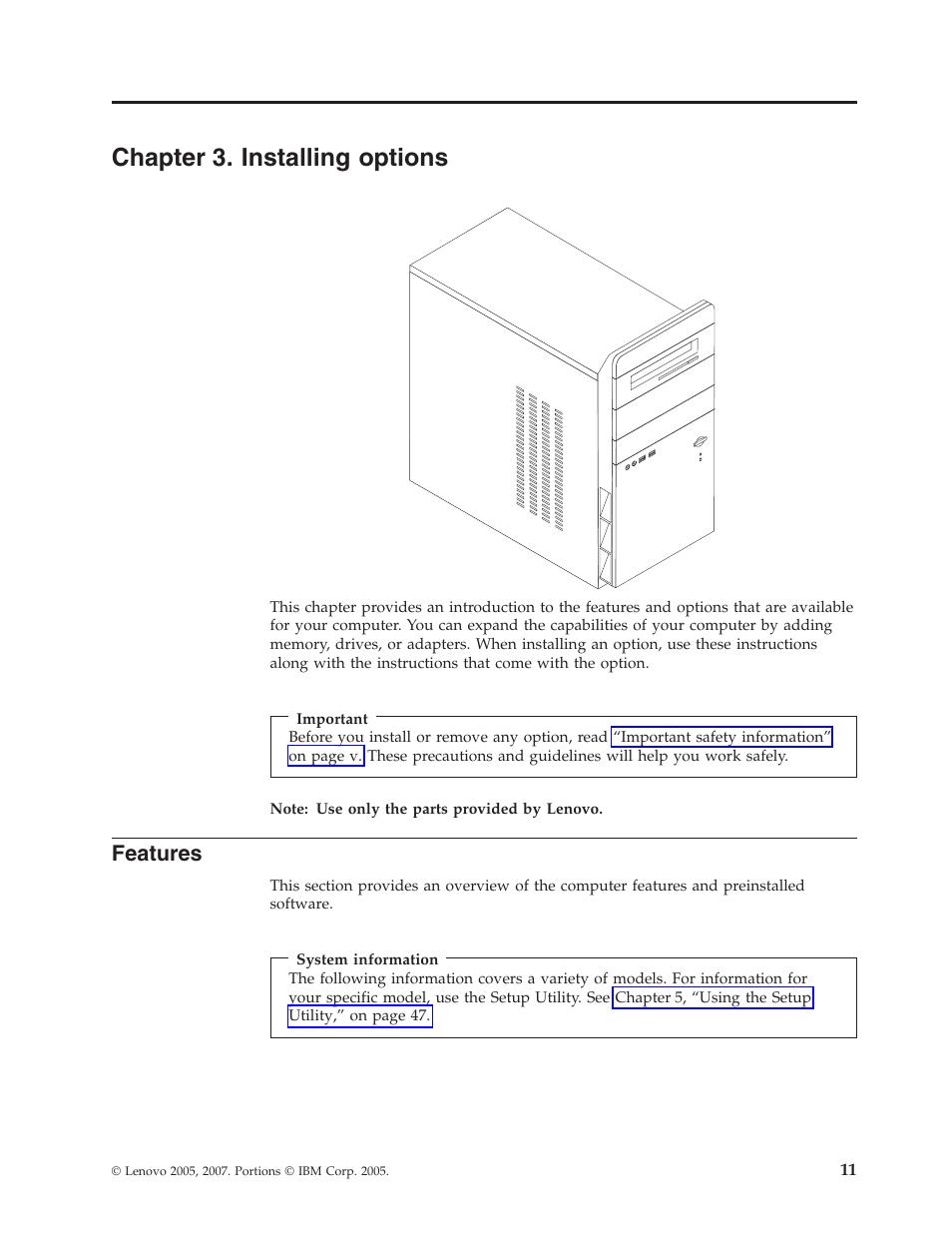 Chapter 3. installing options, Features, Chapter | Installing, Options | Lenovo 3000 J Series User Manual | Page 29 / 96