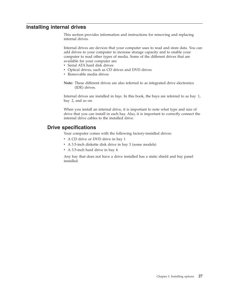 Installing internal drives, Drive specifications, Installing | Internal, Drives, Drive, Specifications | Lenovo 3000 J Series User Manual | Page 45 / 96