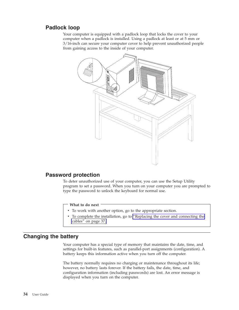 Padlock loop, Password protection, Changing the battery | Padlock, Loop, Password, Protection, Changing, Battery | Lenovo 3000 J Series User Manual | Page 52 / 96