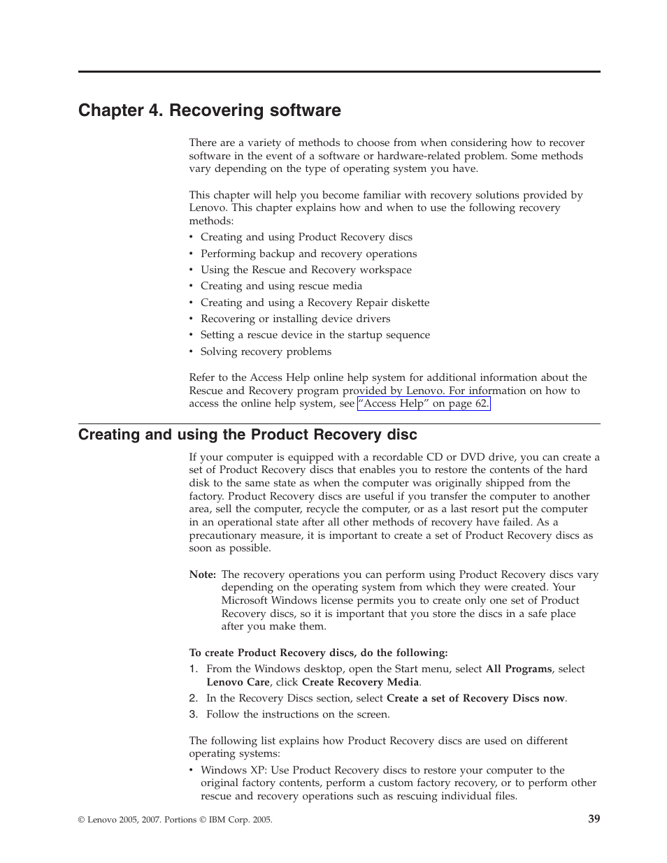 Chapter 4. recovering software, Creating and using the product recovery disc, Chapter | Recovering, Software, Creating, Using, Product, Recovery, Disc | Lenovo 3000 J Series User Manual | Page 57 / 96
