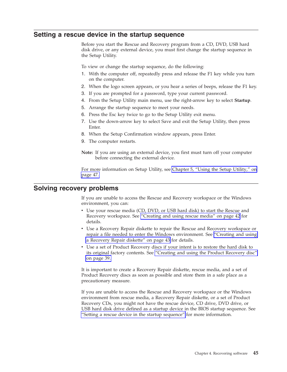 Setting a rescue device in the startup sequence, Solving recovery problems, Setting | Rescue, Device, Startup, Sequence, Solving, Recovery, Problems | Lenovo 3000 J Series User Manual | Page 63 / 96