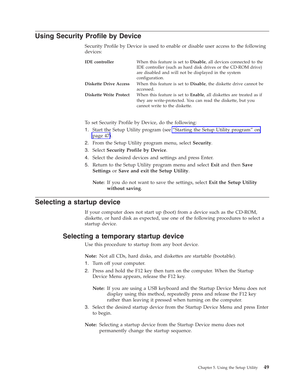 Using security profile by device, Selecting a startup device, Selecting a temporary startup device | Using, Security, Profile, Device, Selecting, Startup, Temporary | Lenovo 3000 J Series User Manual | Page 67 / 96