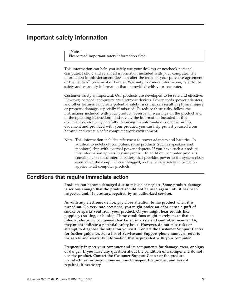 Important safety information, Conditions that require immediate action, Important | Safety, Information, Conditions, That, Require, Immediate, Action | Lenovo 3000 J Series User Manual | Page 7 / 96