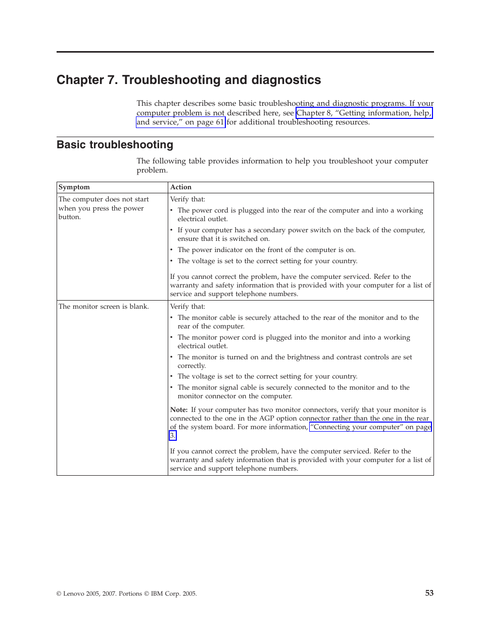 Chapter 7. troubleshooting and diagnostics, Basic troubleshooting, Chapter | Troubleshooting, Diagnostics, Basic | Lenovo 3000 J Series User Manual | Page 71 / 96