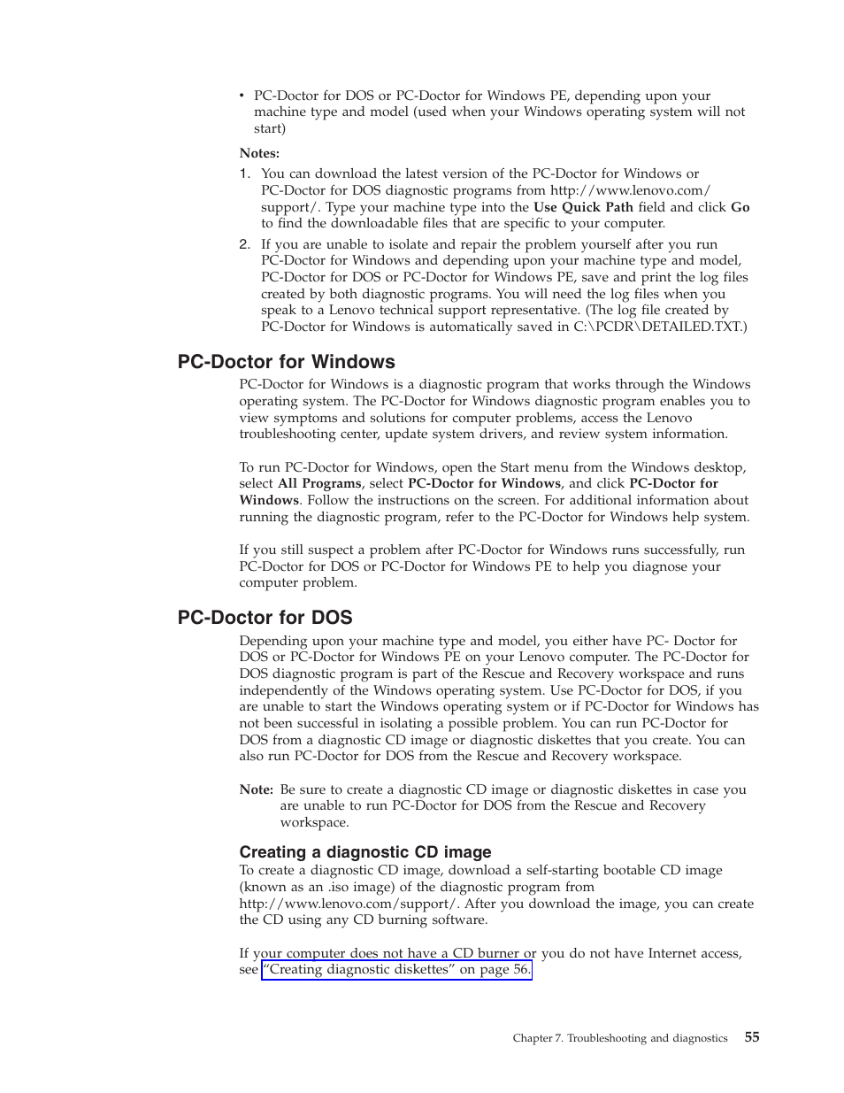 Pc-doctor for windows, Pc-doctor for dos, Creating a diagnostic cd image | Pc-doctor, Windows, Creating, Diagnostic, Image | Lenovo 3000 J Series User Manual | Page 73 / 96
