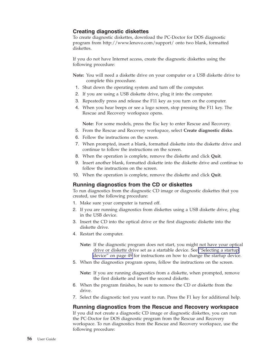 Creating diagnostic diskettes, Running diagnostics from the cd or diskettes, Creating | Diagnostic, Diskettes | Lenovo 3000 J Series User Manual | Page 74 / 96