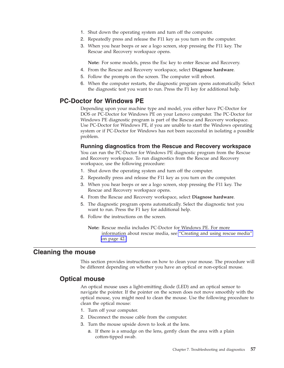 Pc-doctor for windows pe, Cleaning the mouse, Optical mouse | Pc-doctor, Windows, Cleaning, Mouse, Optical | Lenovo 3000 J Series User Manual | Page 75 / 96