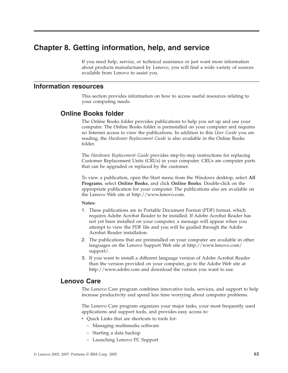 Chapter 8. getting information, help, and service, Information resources, Online books folder | Lenovo care, Chapter, Getting, Information, Help, Service, Resources | Lenovo 3000 J Series User Manual | Page 79 / 96