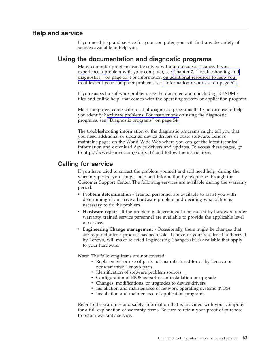 Help and service, Using the documentation and diagnostic programs, Calling for service | Help, Service, Using, Documentation, Diagnostic, Programs, Calling | Lenovo 3000 J Series User Manual | Page 81 / 96