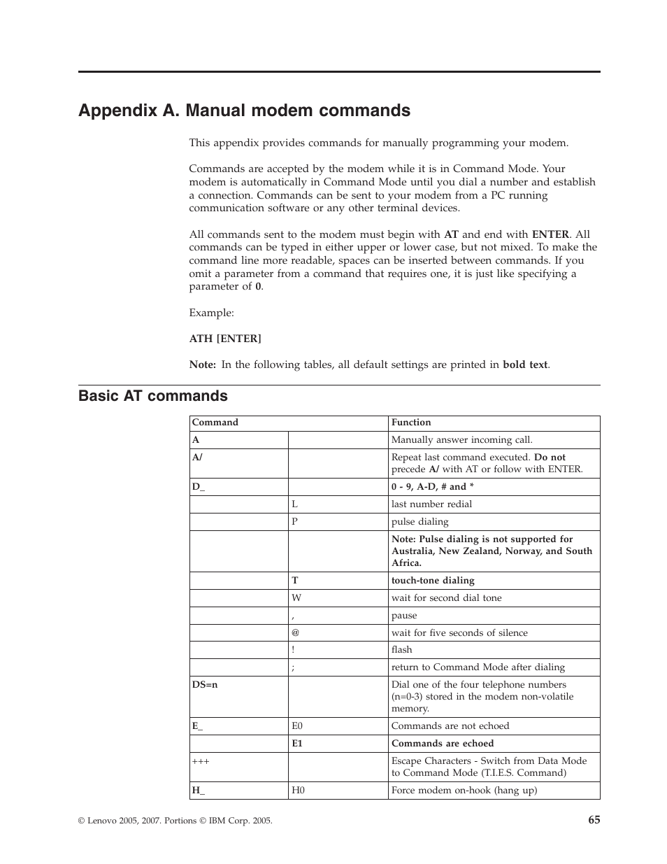 Appendix a. manual modem commands, Basic at commands, Appendix | Manual, Modem, Commands, Basic | Lenovo 3000 J Series User Manual | Page 83 / 96