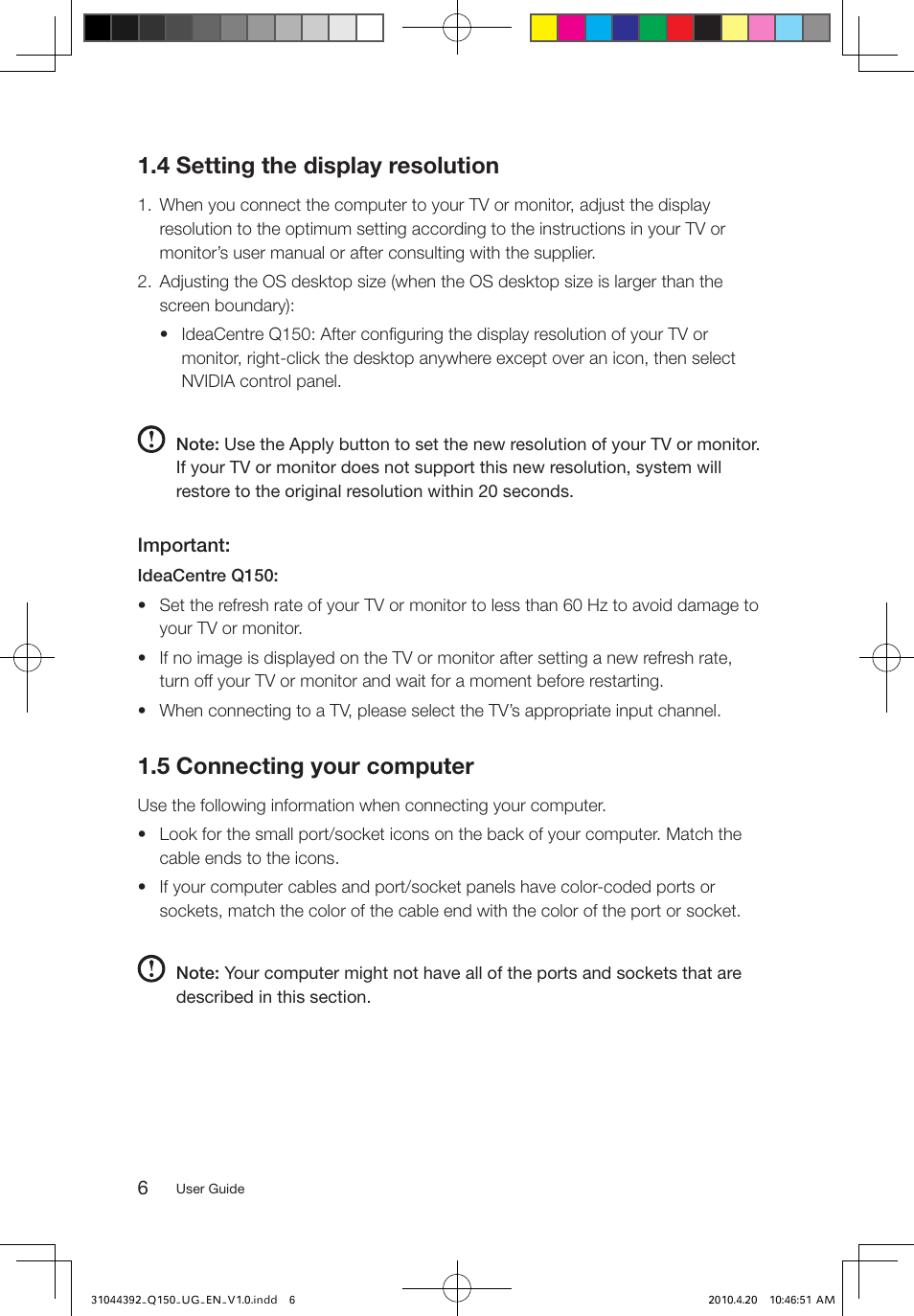 4 setting the display resolution, 5 connecting your computer | Lenovo IdeaCentre Q150 User Manual | Page 11 / 33