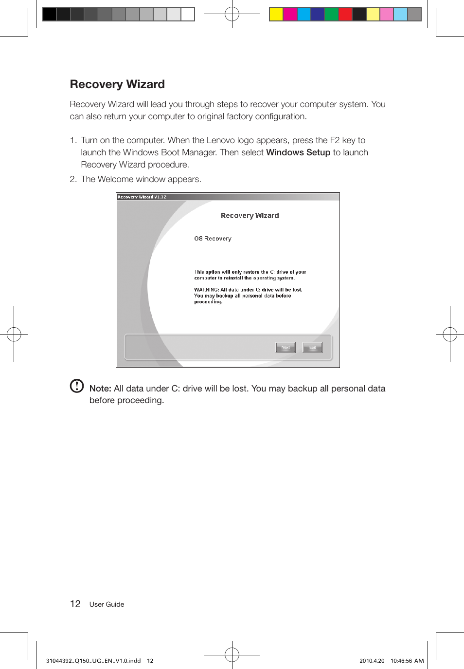 Recovery wizard | Lenovo IdeaCentre Q150 User Manual | Page 17 / 33