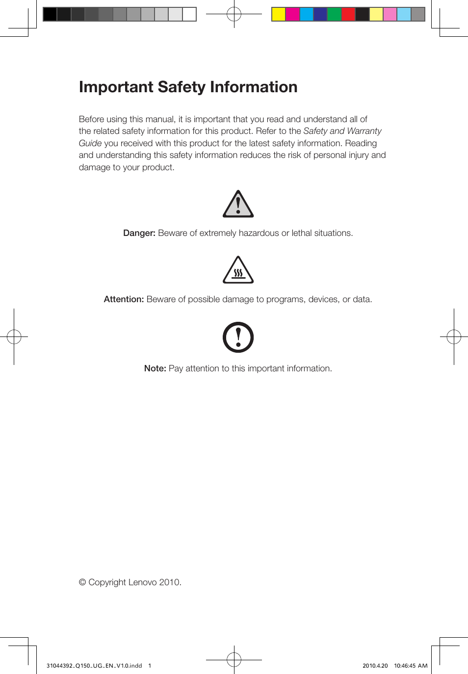 Important safety information | Lenovo IdeaCentre Q150 User Manual | Page 2 / 33