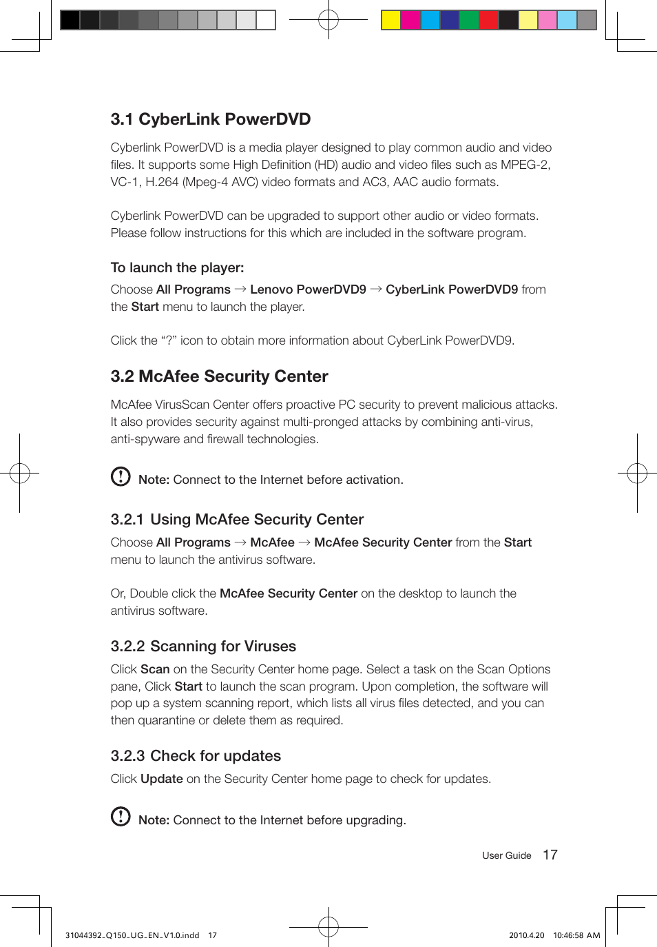 1 cyberlink powerdvd, 2 mcafee security center | Lenovo IdeaCentre Q150 User Manual | Page 22 / 33