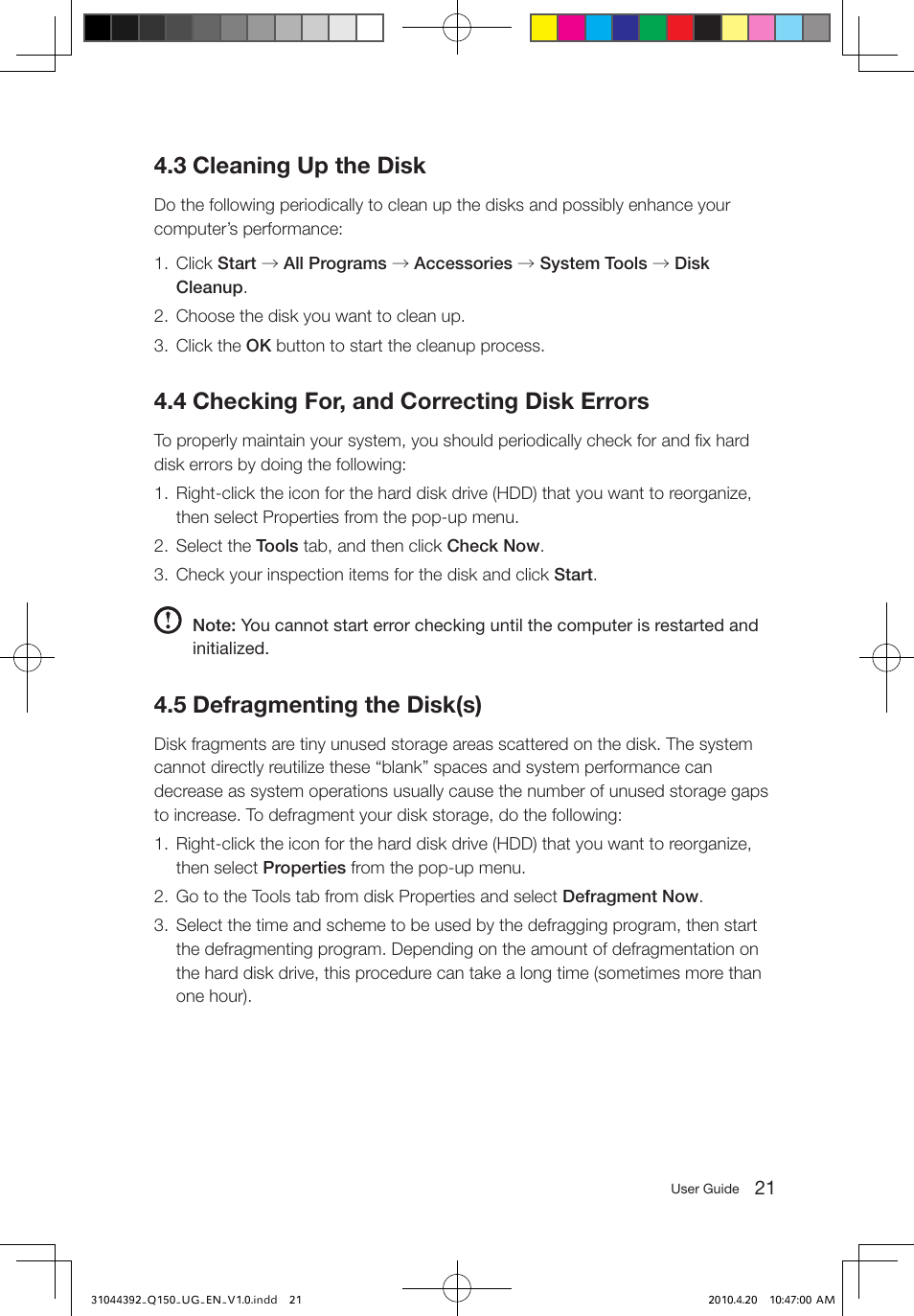 3 cleaning up the disk, 4 checking for, and correcting disk errors, 5 defragmenting the disk(s) | Lenovo IdeaCentre Q150 User Manual | Page 26 / 33