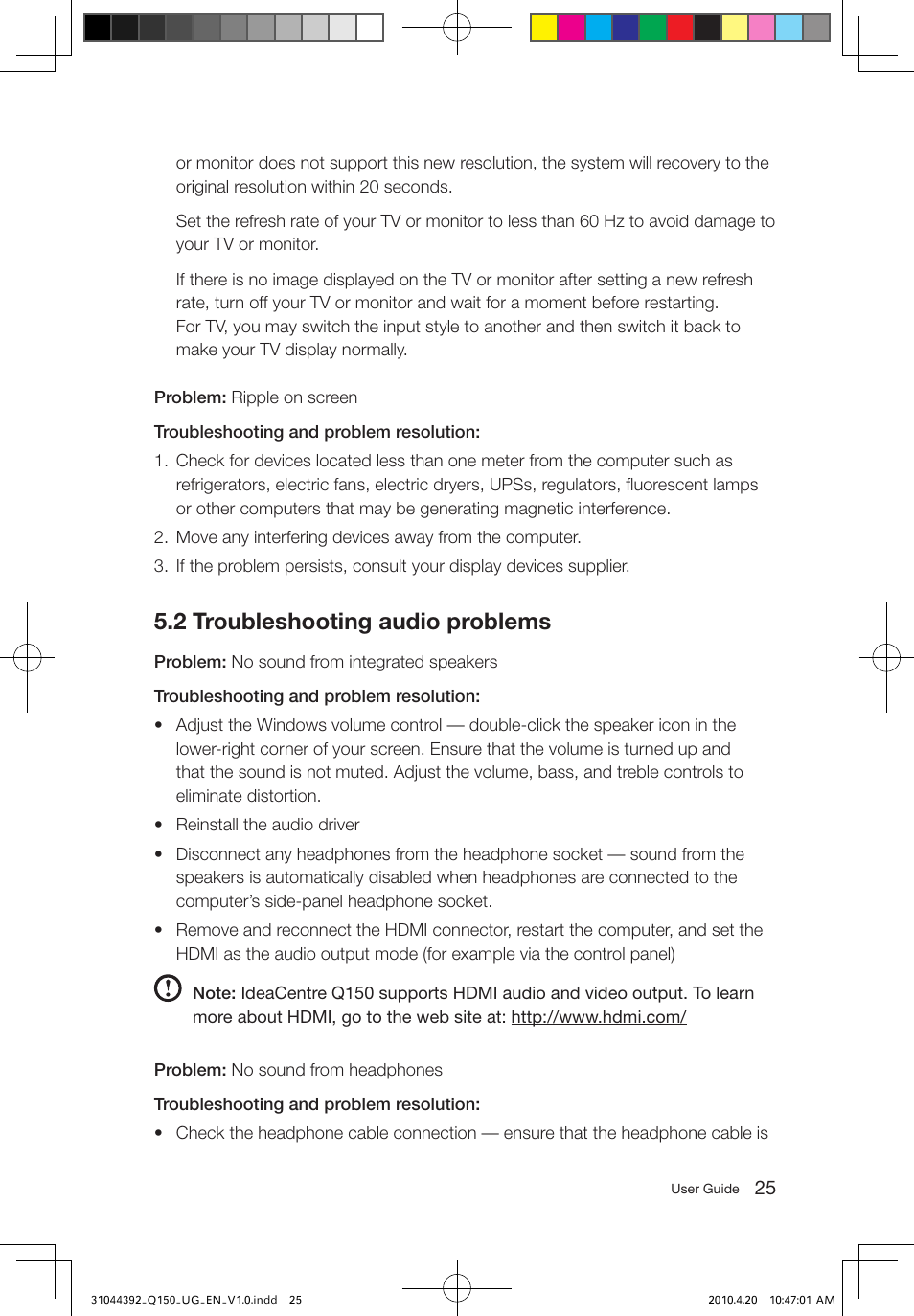 2 troubleshooting audio problems | Lenovo IdeaCentre Q150 User Manual | Page 30 / 33