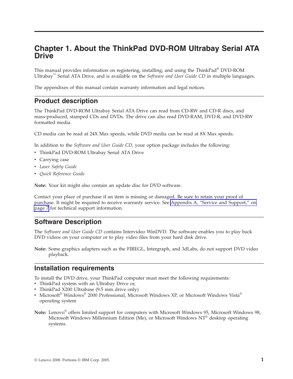 Product description, Software description, Installation requirements | Chapter, About, Thinkpad, Dvd-rom, Ultrabay, Serial, Drive | Lenovo ThinkPad 43N3218 User Manual | Page 13 / 34