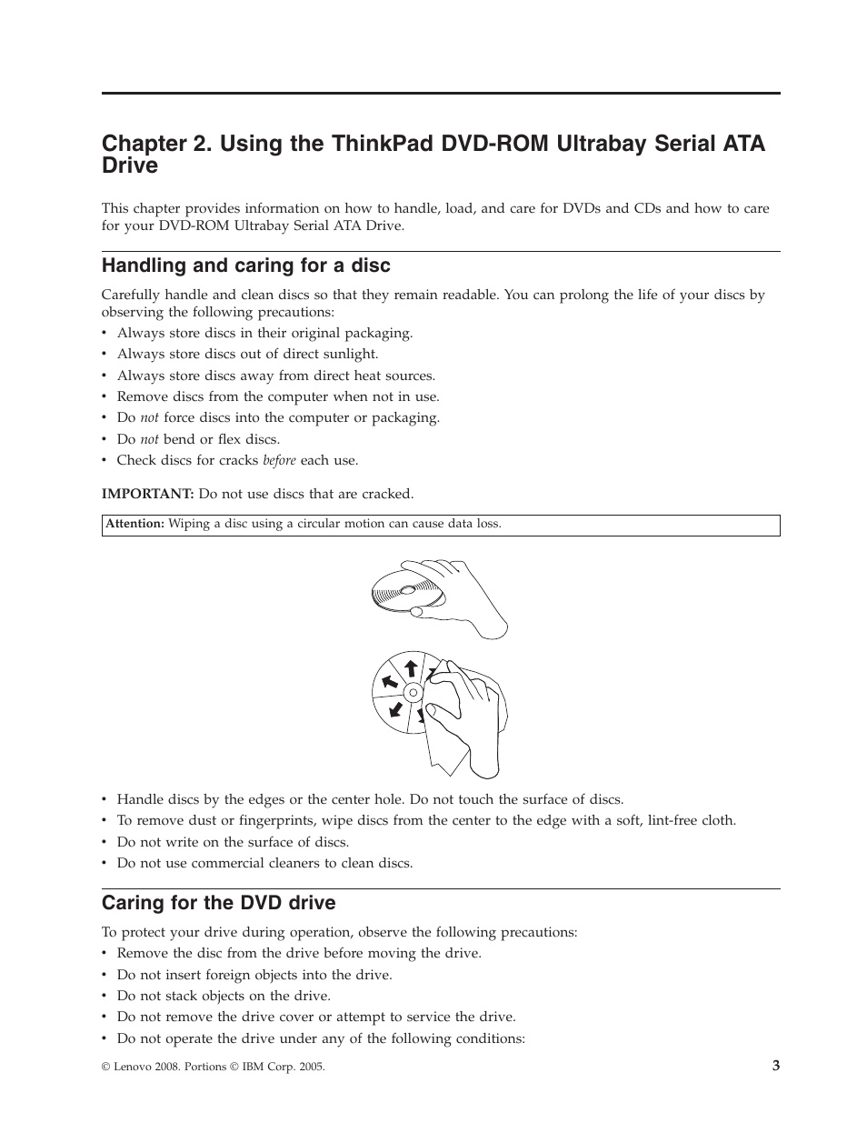 Handling and caring for a disc, Caring for the dvd drive, Chapter | Using, Thinkpad, Dvd-rom, Ultrabay, Serial, Drive, Handling | Lenovo ThinkPad 43N3218 User Manual | Page 15 / 34