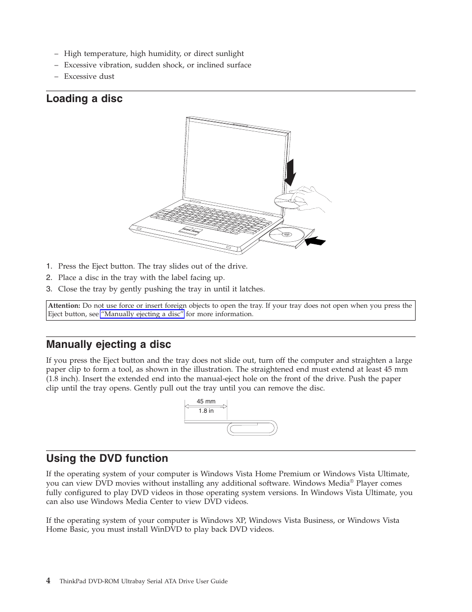 Loading a disc, Manually ejecting a disc, Using the dvd function | Loading, Disc, Manually, Ejecting, Using, Function | Lenovo ThinkPad 43N3218 User Manual | Page 16 / 34