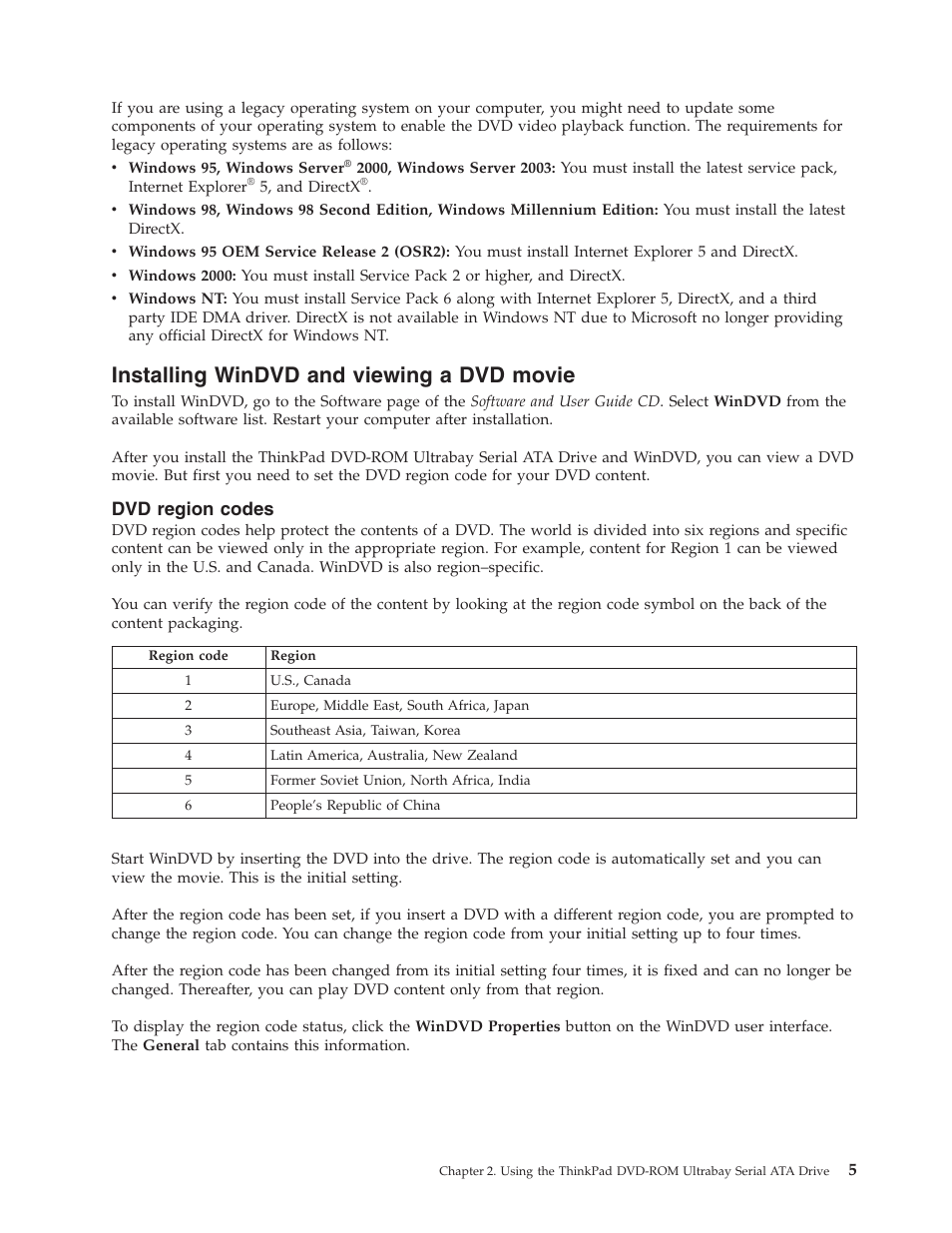 Installing windvd and viewing a dvd movie, Dvd region codes, Installing | Windvd, Viewing, Movie, Region, Codes | Lenovo ThinkPad 43N3218 User Manual | Page 17 / 34