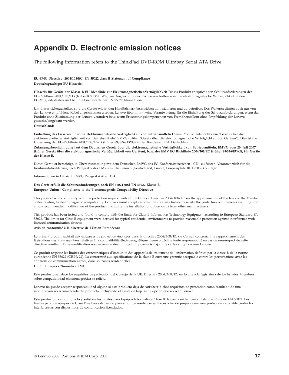 Appendix d. electronic emission notices, Appendix e. china rohs, Appendix | Electronic, Emission, Notices | Lenovo ThinkPad 43N3218 User Manual | Page 29 / 34
