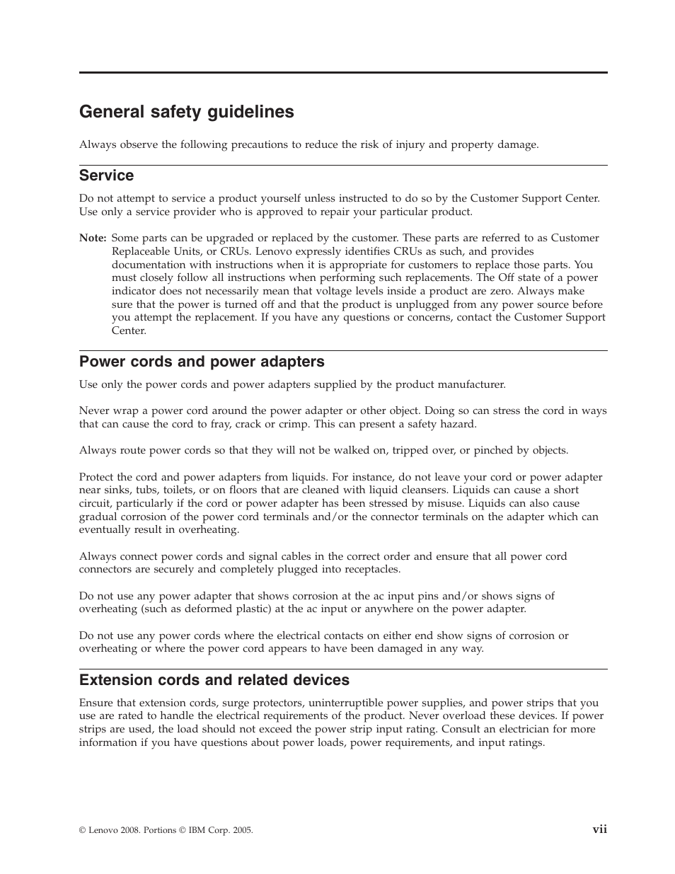 General safety guidelines, Service, Power cords and power adapters | Extension cords and related devices, General, Safety, Guidelines, Power, Cords, Adapters | Lenovo ThinkPad 43N3218 User Manual | Page 9 / 34