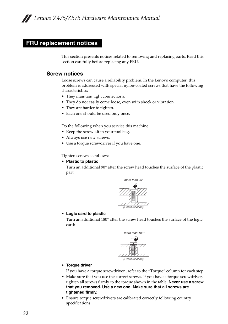 Fru replacement notices, Screw notices | Lenovo Z475 User Manual | Page 36 / 104