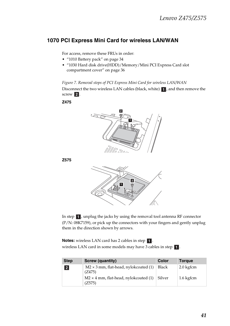 1070 pci express mini card for wireless lan/wan | Lenovo Z475 User Manual | Page 45 / 104