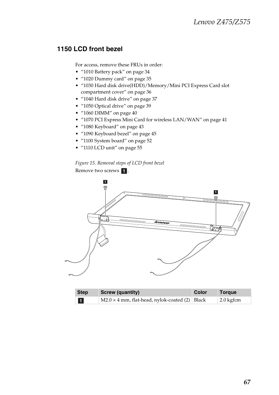 1150 lcd front bezel | Lenovo Z475 User Manual | Page 71 / 104