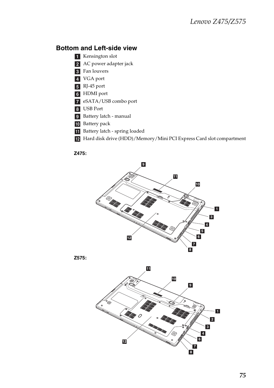 Bottom and left-side view, 75 bottom and left-side view | Lenovo Z475 User Manual | Page 79 / 104