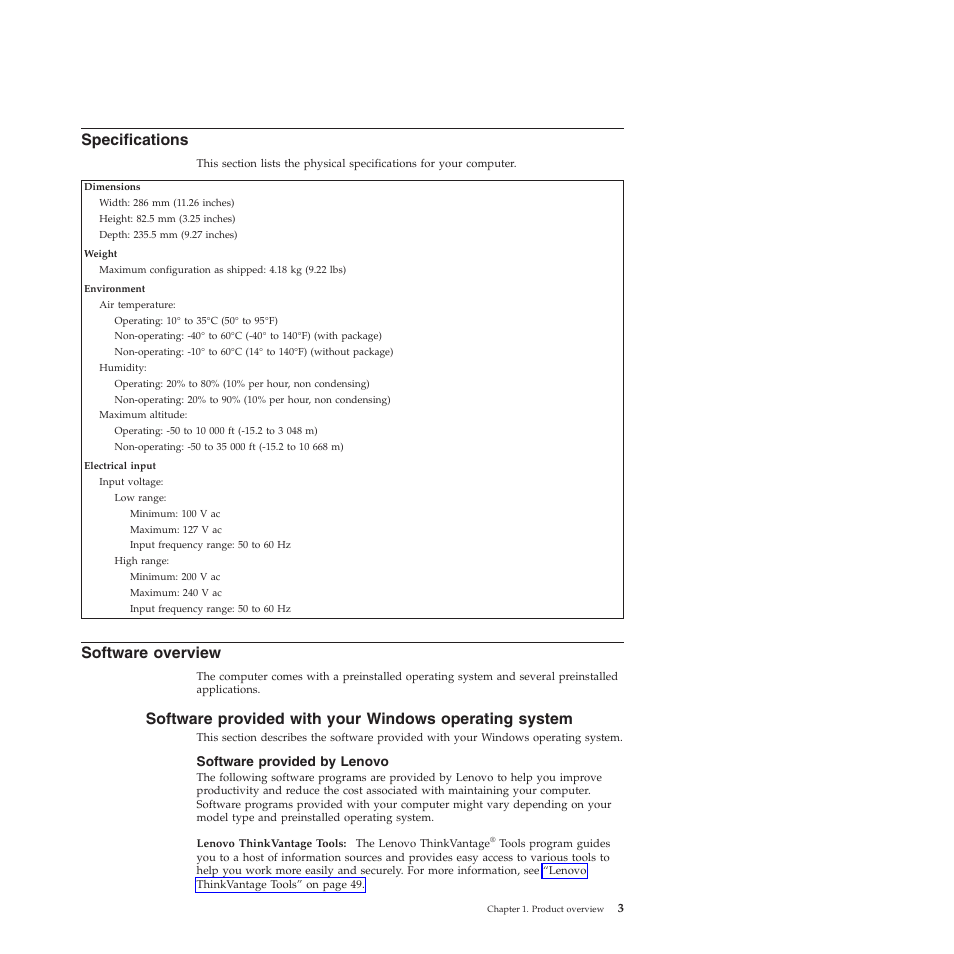 Specifications, Software overview, Software provided by lenovo | Lenovo 5354 User Manual | Page 11 / 68