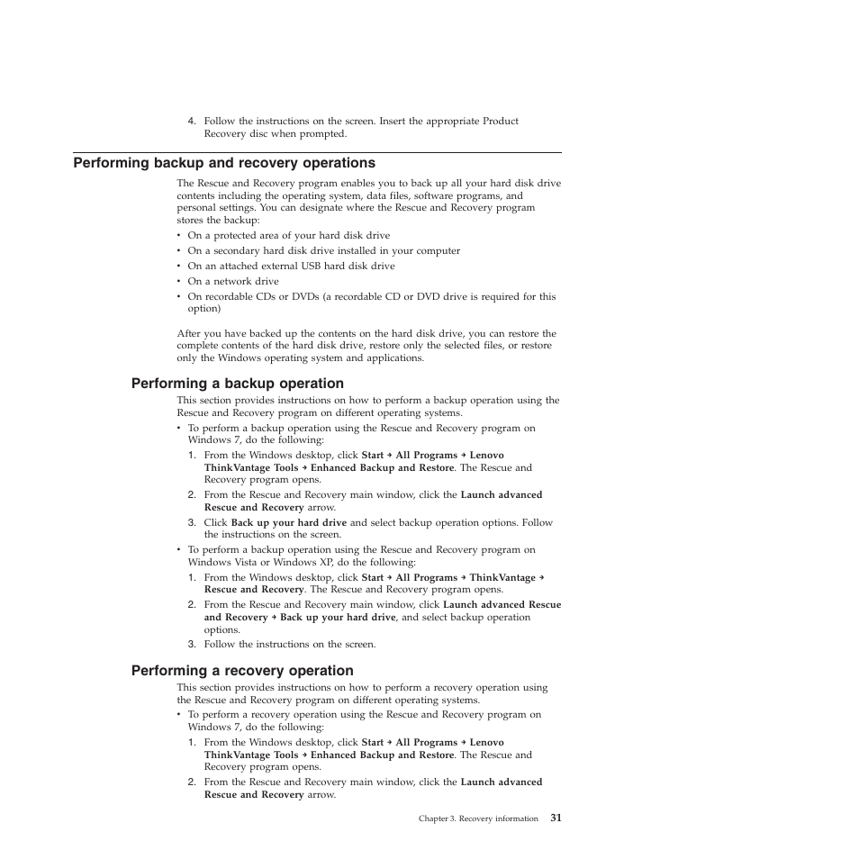 Performing backup and recovery operations, Performing a backup operation, Performing a recovery operation | Lenovo 5354 User Manual | Page 39 / 68