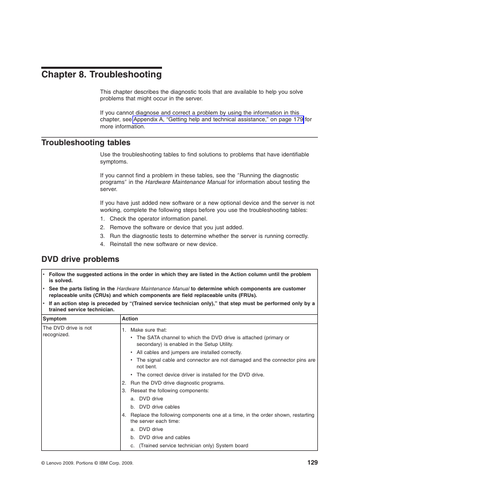 Chapter 8. troubleshooting, Troubleshooting tables, Dvd drive problems | Chapter 8. troubleshooting troubleshooting tables | Lenovo 6528 User Manual | Page 145 / 216