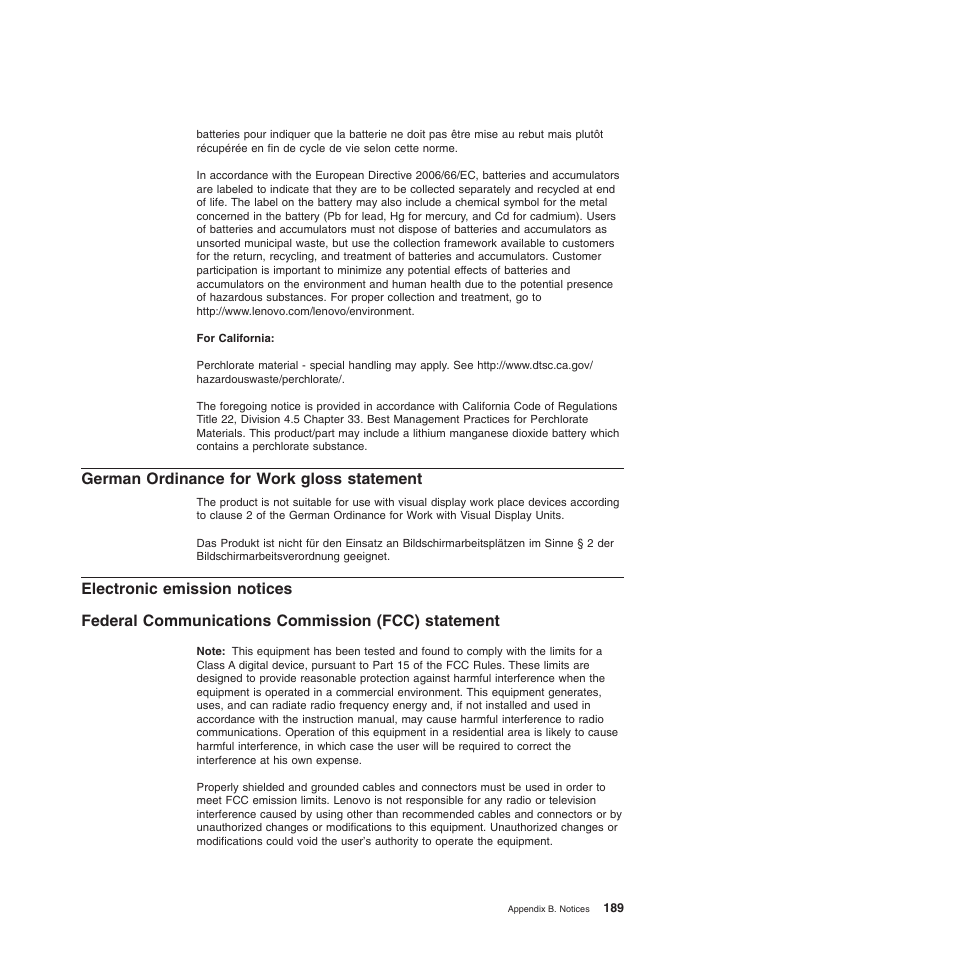 German ordinance for work gloss statement, Electronic emission notices, Federal communications commission (fcc) statement | Lenovo 6528 User Manual | Page 205 / 216