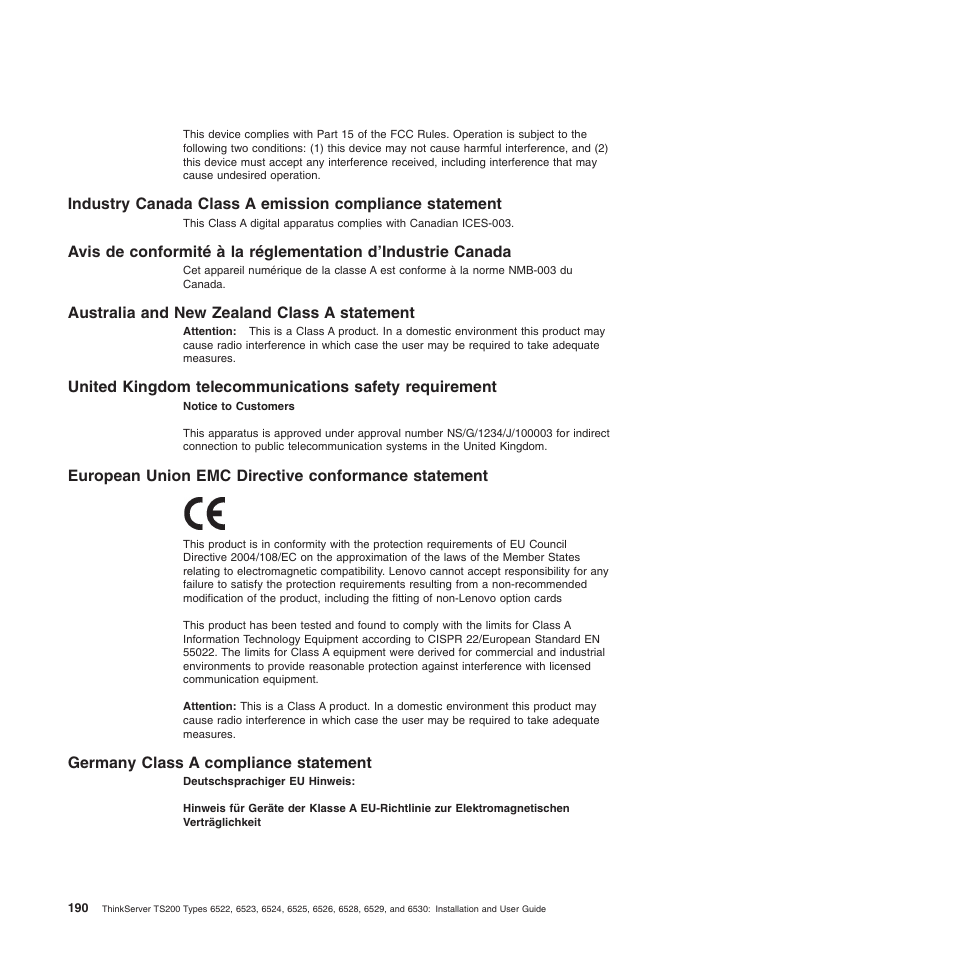 Australia and new zealand class a statement, European union emc directive conformance statement, Germany class a compliance statement | Lenovo 6528 User Manual | Page 206 / 216