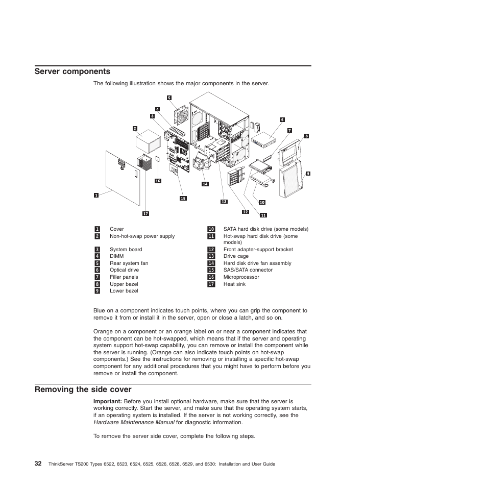 Server components, Removing the side cover, Server components removing the side cover | Lenovo 6528 User Manual | Page 48 / 216