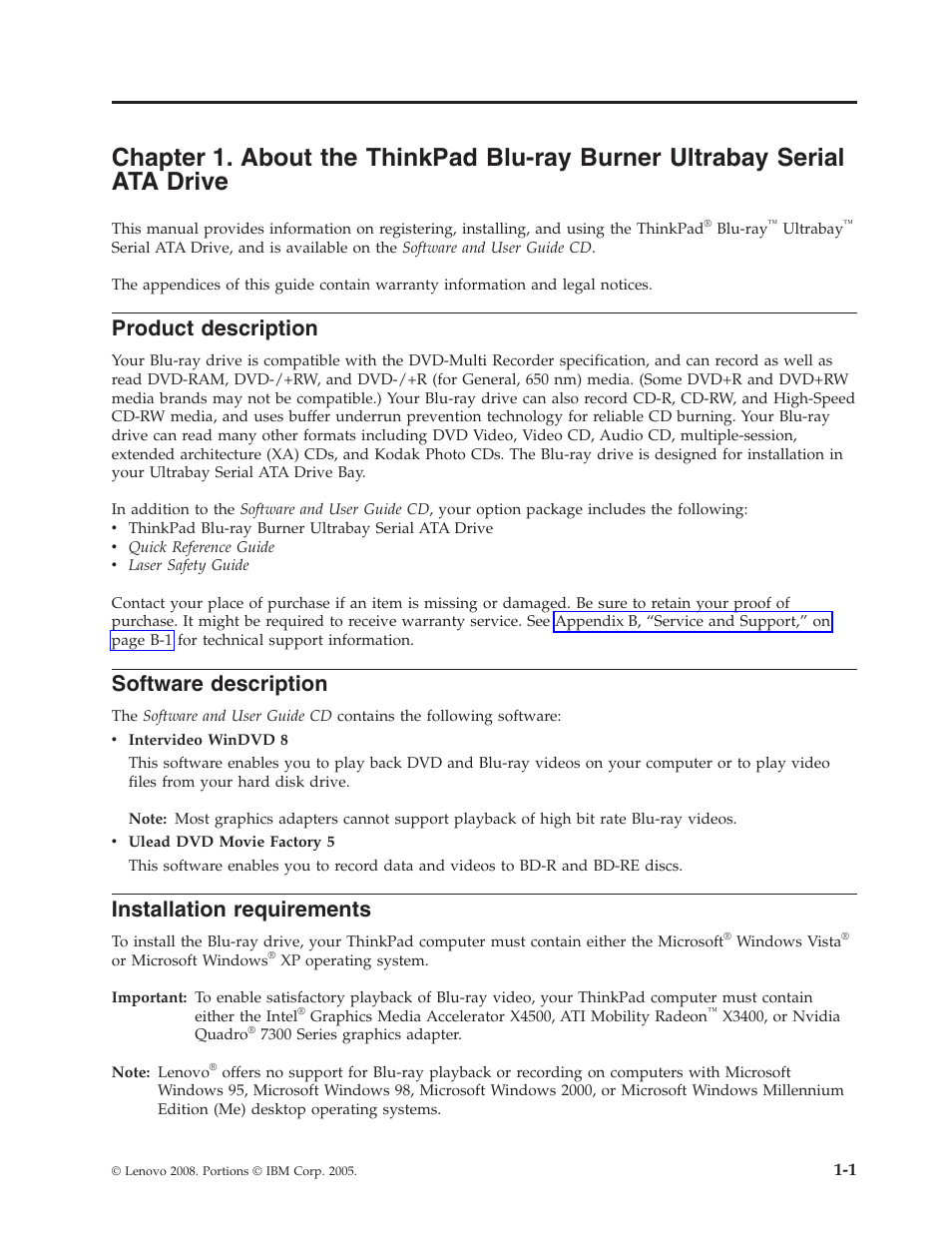 Product description, Software description, Installation requirements | Chapter, About, Thinkpad, Blu-ray, Burner, Ultrabay, Serial | Lenovo ThinkPad 43N3224 User Manual | Page 13 / 48