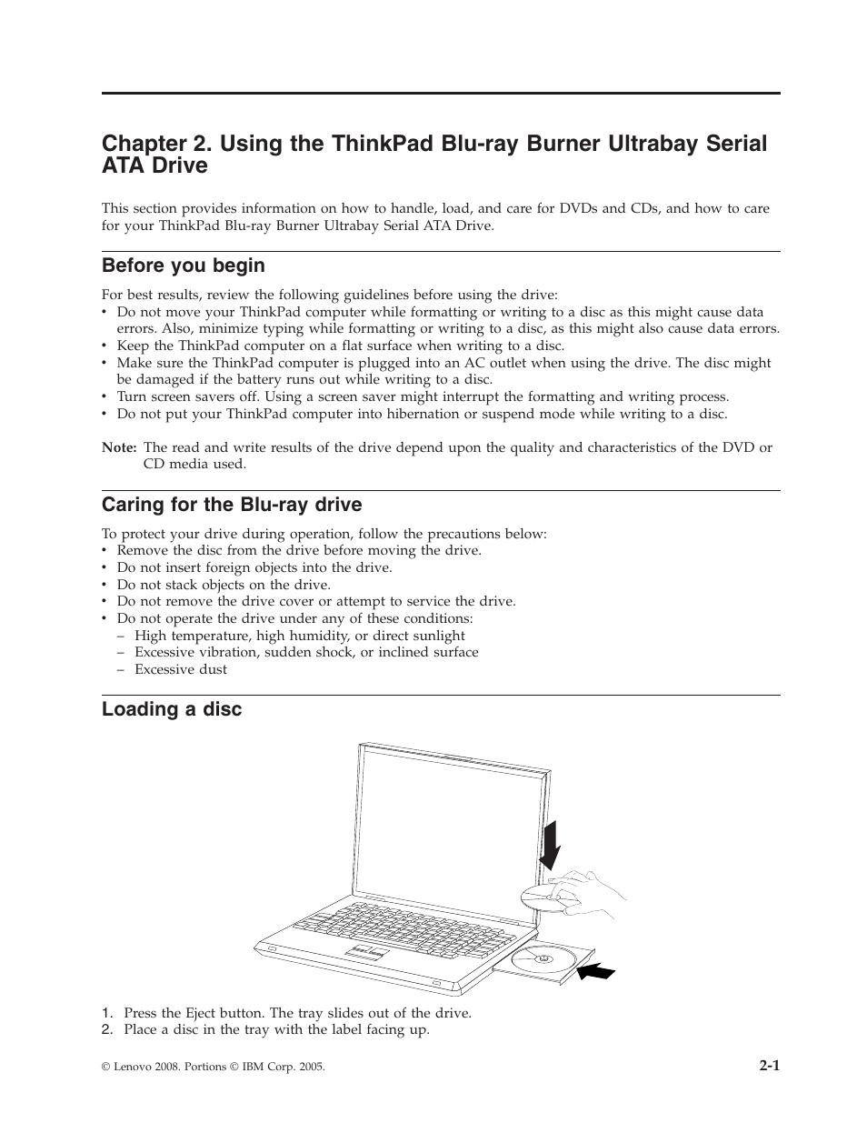 Before you begin, Caring for the blu-ray drive, Loading a disc | Chapter, Using, Thinkpad, Blu-ray, Burner, Ultrabay, Serial | Lenovo ThinkPad 43N3224 User Manual | Page 15 / 48