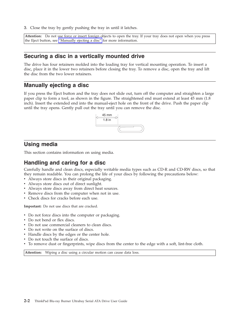 Securing a disc in a vertically mounted drive, Manually ejecting a disc, Using media | Handling and caring for a disc, Securing, Disc, Vertically, Mounted, Drive, Manually | Lenovo ThinkPad 43N3224 User Manual | Page 16 / 48