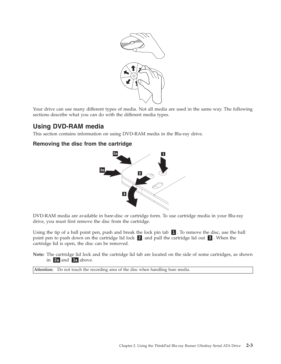 Using dvd-ram media, Removing the disc from the cartridge, Using | Dvd-ram, Media, Removing, Disc, From, Cartridge | Lenovo ThinkPad 43N3224 User Manual | Page 17 / 48