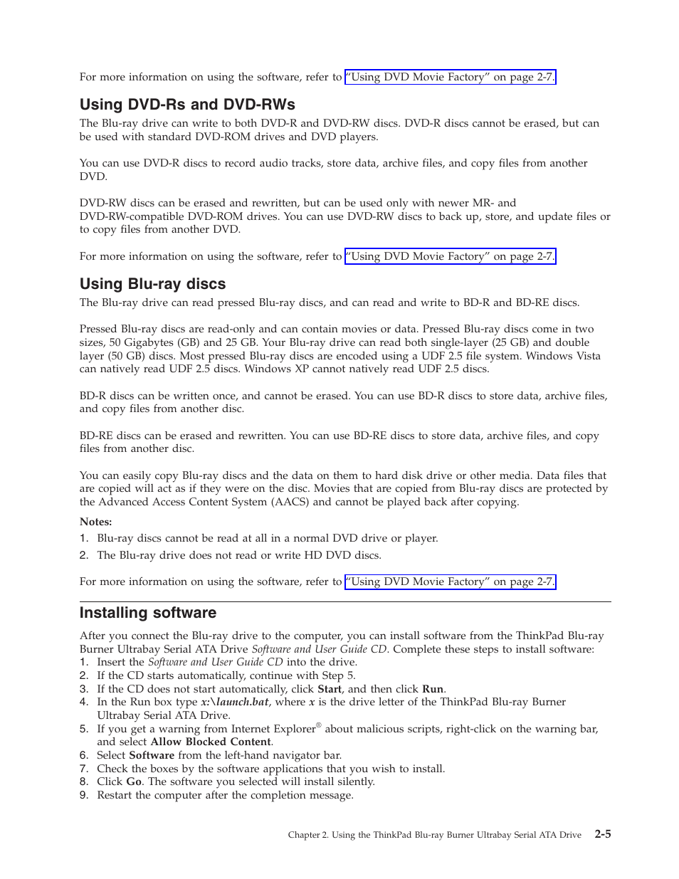 Using dvd-rs and dvd-rws, Using blu-ray discs, Installing software | Using, Dvd-rs, Dvd-rws, Blu-ray, Discs, Installing, Software | Lenovo ThinkPad 43N3224 User Manual | Page 19 / 48