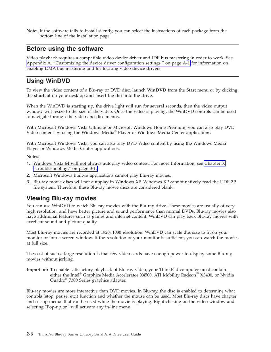 Before using the software, Using windvd, Viewing blu-ray movies | Before, Using, Software, Windvd, Viewing, Blu-ray, Movies | Lenovo ThinkPad 43N3224 User Manual | Page 20 / 48