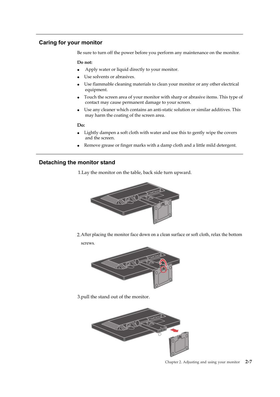 Caring for your monitor, Detaching the monitor stand | Lenovo LT1952P User Manual | Page 19 / 36