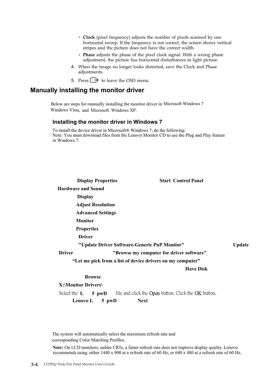 Manually installing the monitor driver | Lenovo LT1952P User Manual | Page 24 / 36