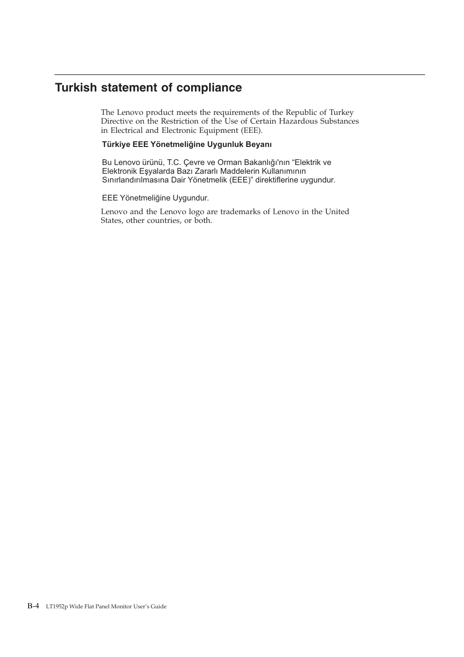 Turkish, Statement, Compliance | Lenovo LT1952P User Manual | Page 36 / 36