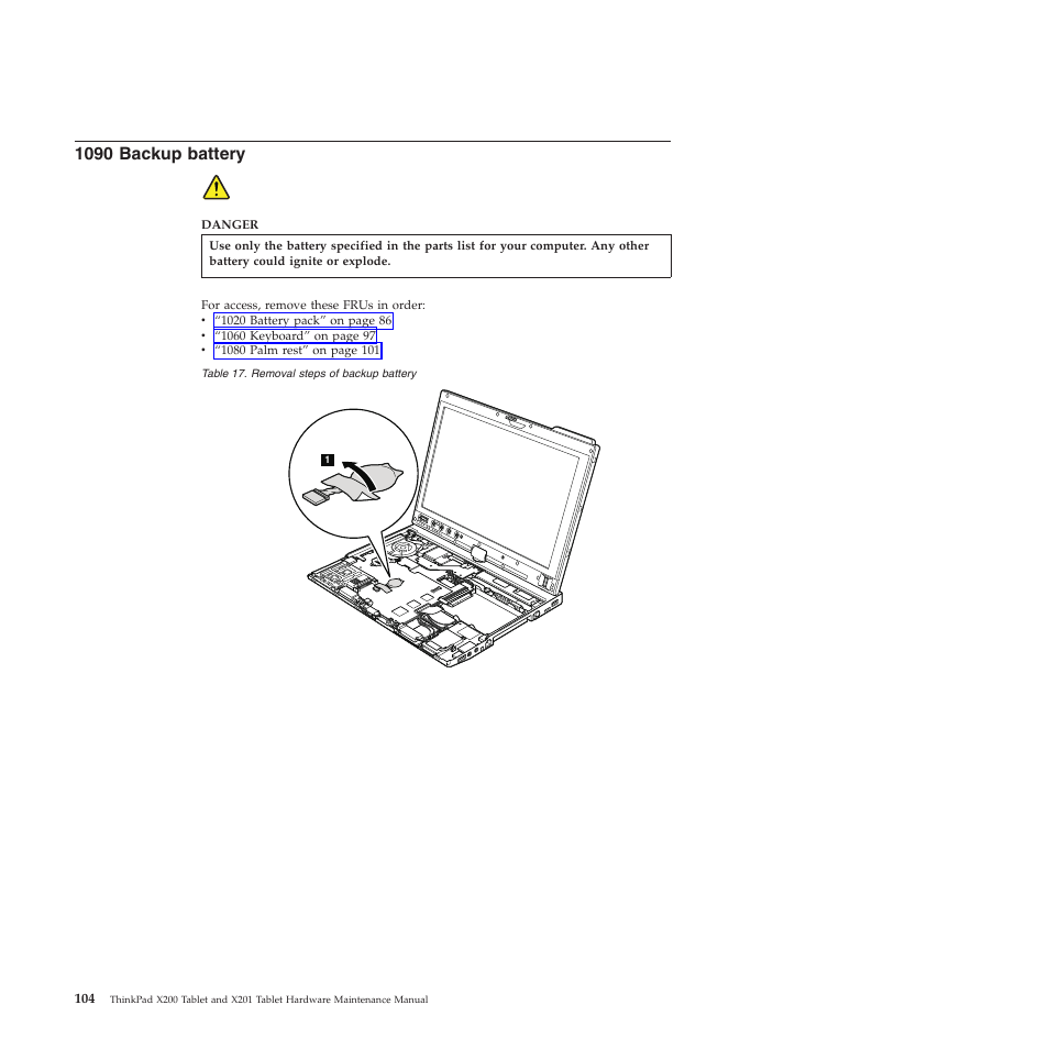 1090 backup battery | Lenovo X200 User Manual | Page 112 / 260