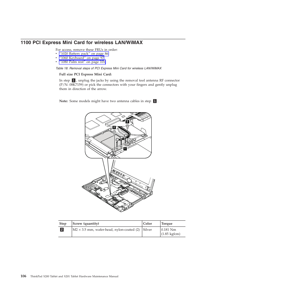 1100 pci express mini card for wireless lan/wimax | Lenovo X200 User Manual | Page 114 / 260