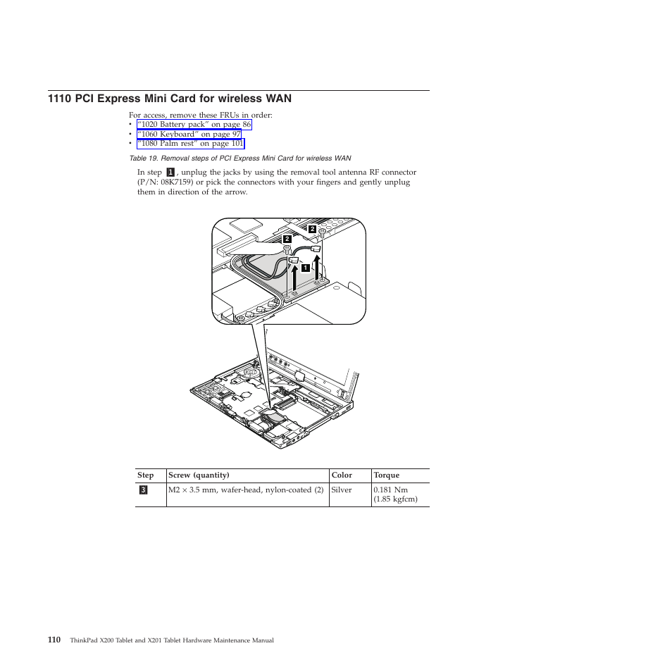 1110 pci express mini card for wireless wan | Lenovo X200 User Manual | Page 118 / 260